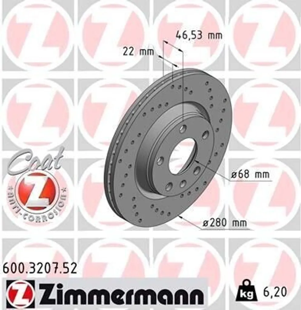 Disque de frein Zimmermann 600.3207.52 pour Audi A4 et Passat 3B