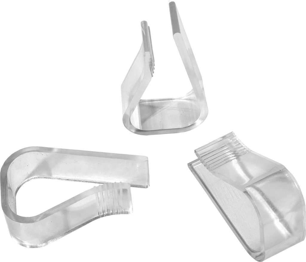 Three clear plastic clips arranged against a white background.