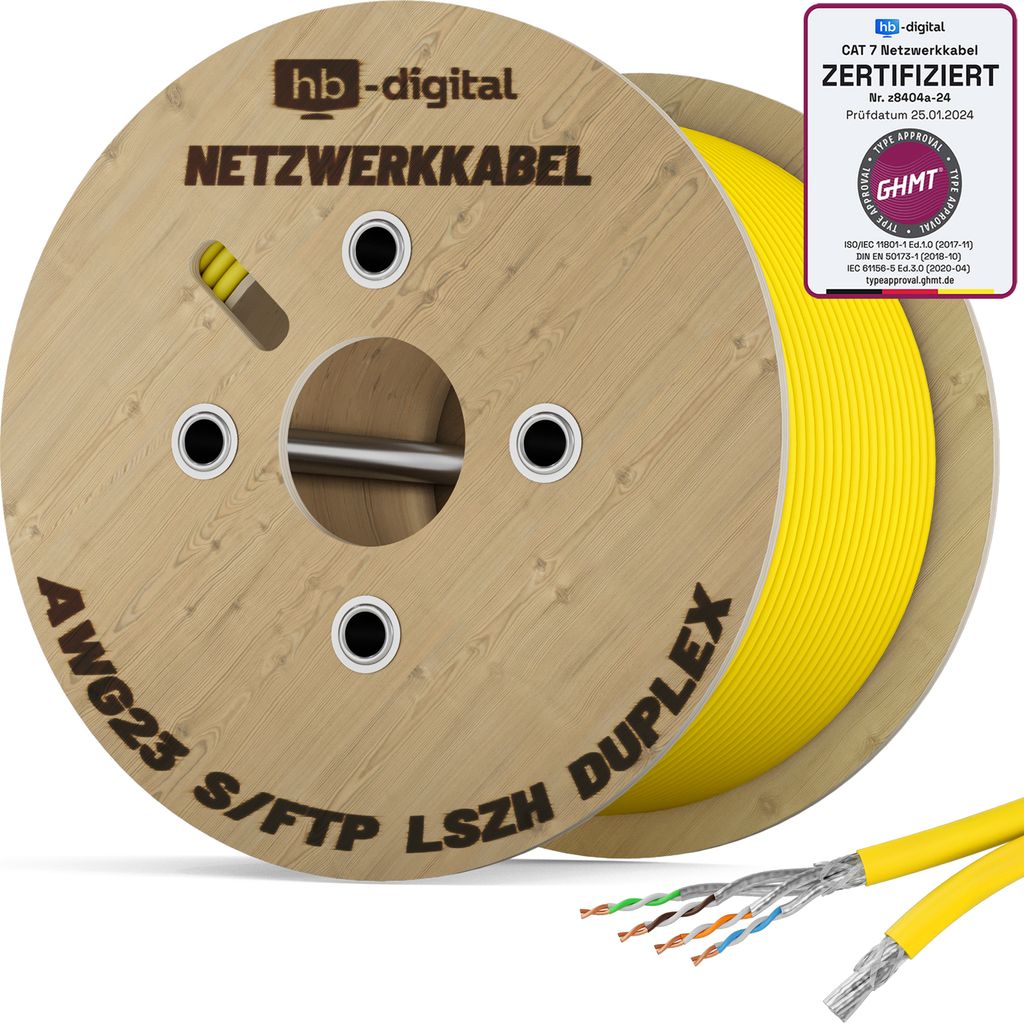 hb-digital CAT 7 Verlegekabel Duplex Ethernet 250m Datenkabel Installationskabel S/FTP AWG23 LSZH gelb