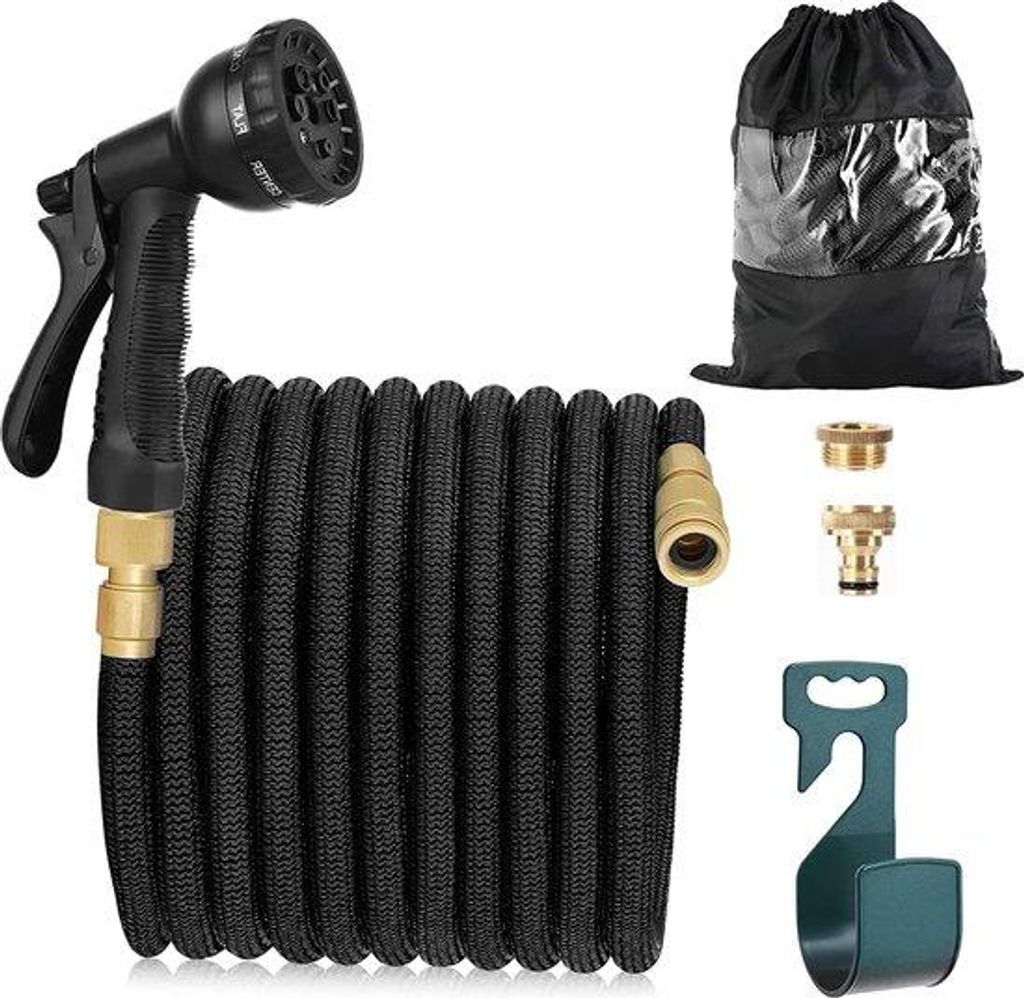 Flexibles Gartenschlauchset, 30m, 8 Funktionen, schwarz