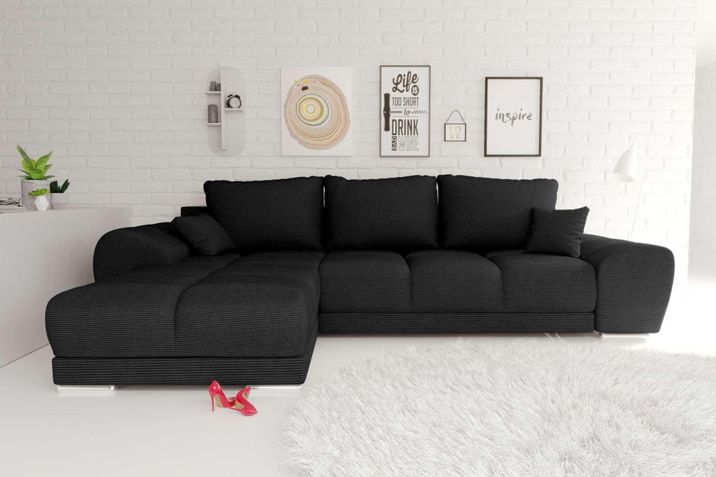 99rooms Antalya Ecksofa Cordstoff POSO Schwarz Links mit Schlaffunktion