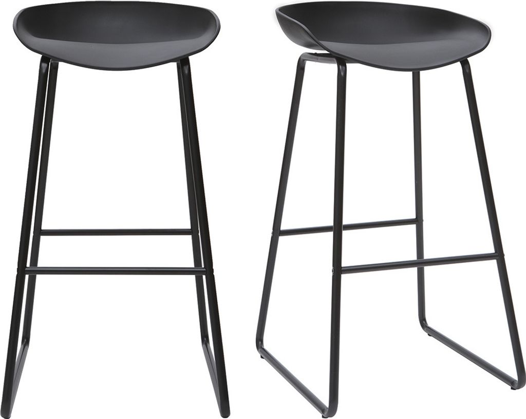 Two black bar stools with metal legs are shown against a white background.