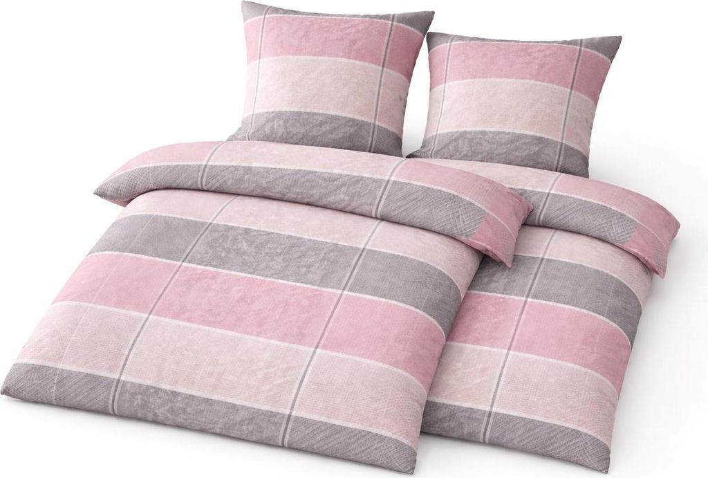 Soma Microfaser Seersucker Bettwäsche Set 4-tlg. 2x 135x200 cm Bettbezug + 2x 80x80 cm hell rosa gestreift kariert