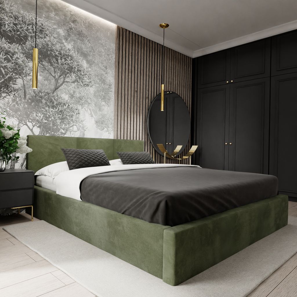 Muralo POLSTERBETT für Schlafzimmer Polsterbett mit Bettkasten Bett mit Polsterkopfteil Doppelbett 140x200 Bett mit Stauraum Khaki