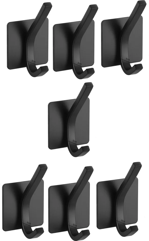 set di 7 ganci doppi senza foratura per bagno, cucina - ganci multiuso autoadesivi - portasciugamani | ganci adesivi in acciaio inox 45x45 mm | ganci per vestaglia in acciaio inox | ganci per cappotto da incollare [nero opaco]