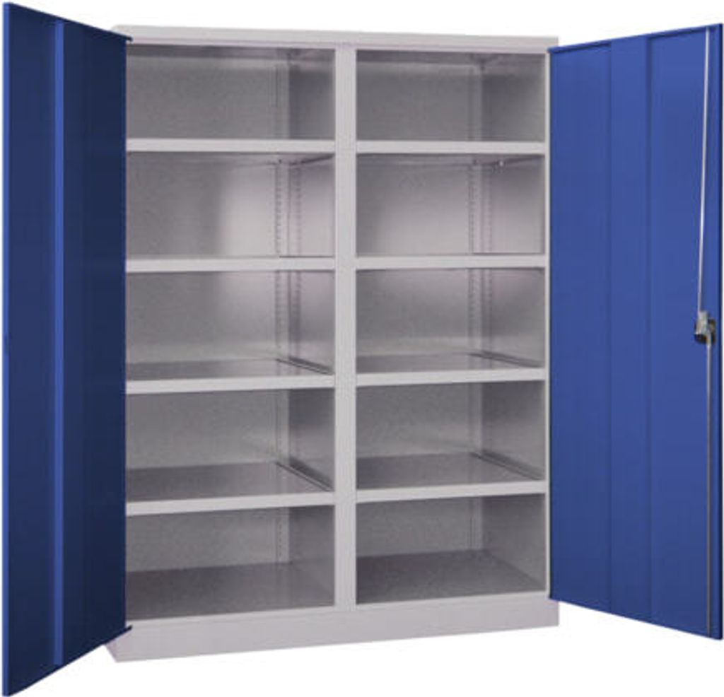 Schwerlastschrank - Vollblechtüren - Trennwand - 8 Böden - 1.950x1.470x630 mm (HxBxT) - reinorange/lichtblau