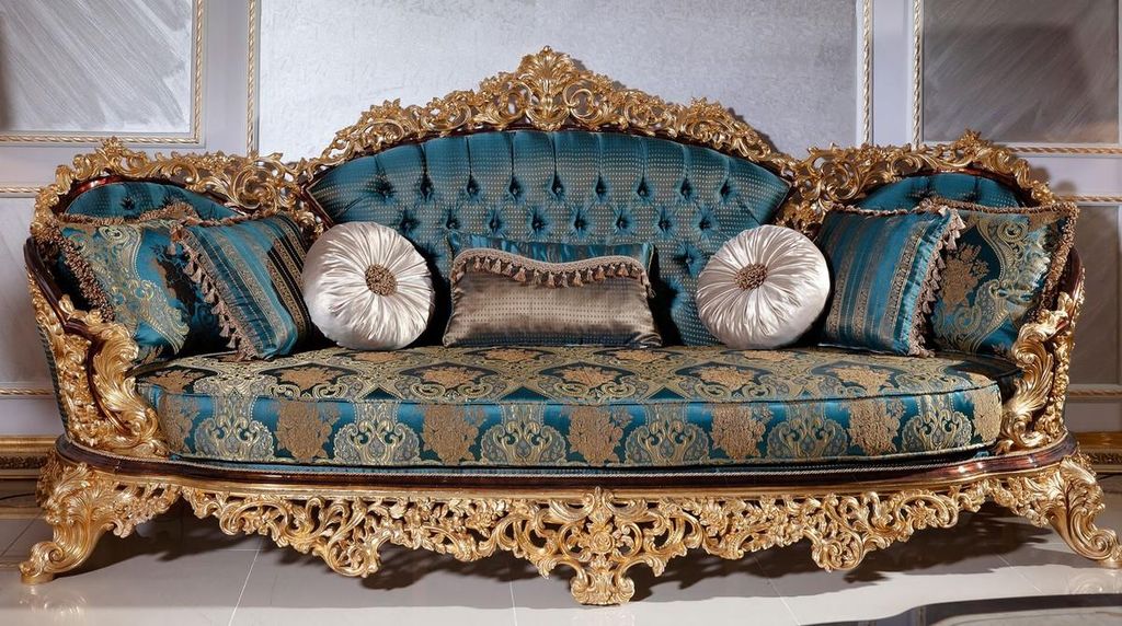 Casa Padrino Luxus Barock Sofa Blau / Beige / Braun / Gold - Prunkvolles Wohnzimmer Sofa mit elegantem Muster - Barock Wohnzimmer Möbel - Edel & P...