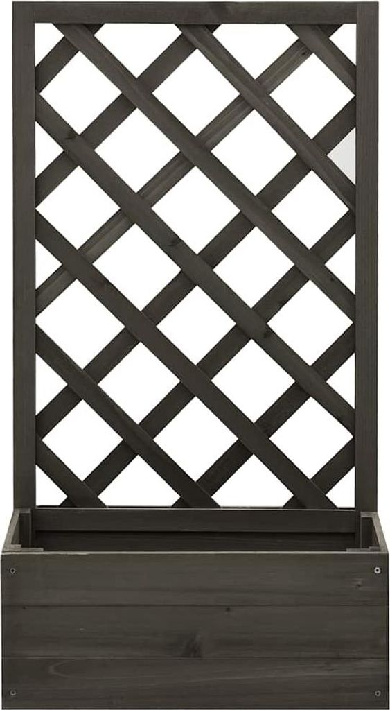 A dark gray wooden planter box with a lattice trellis attached.