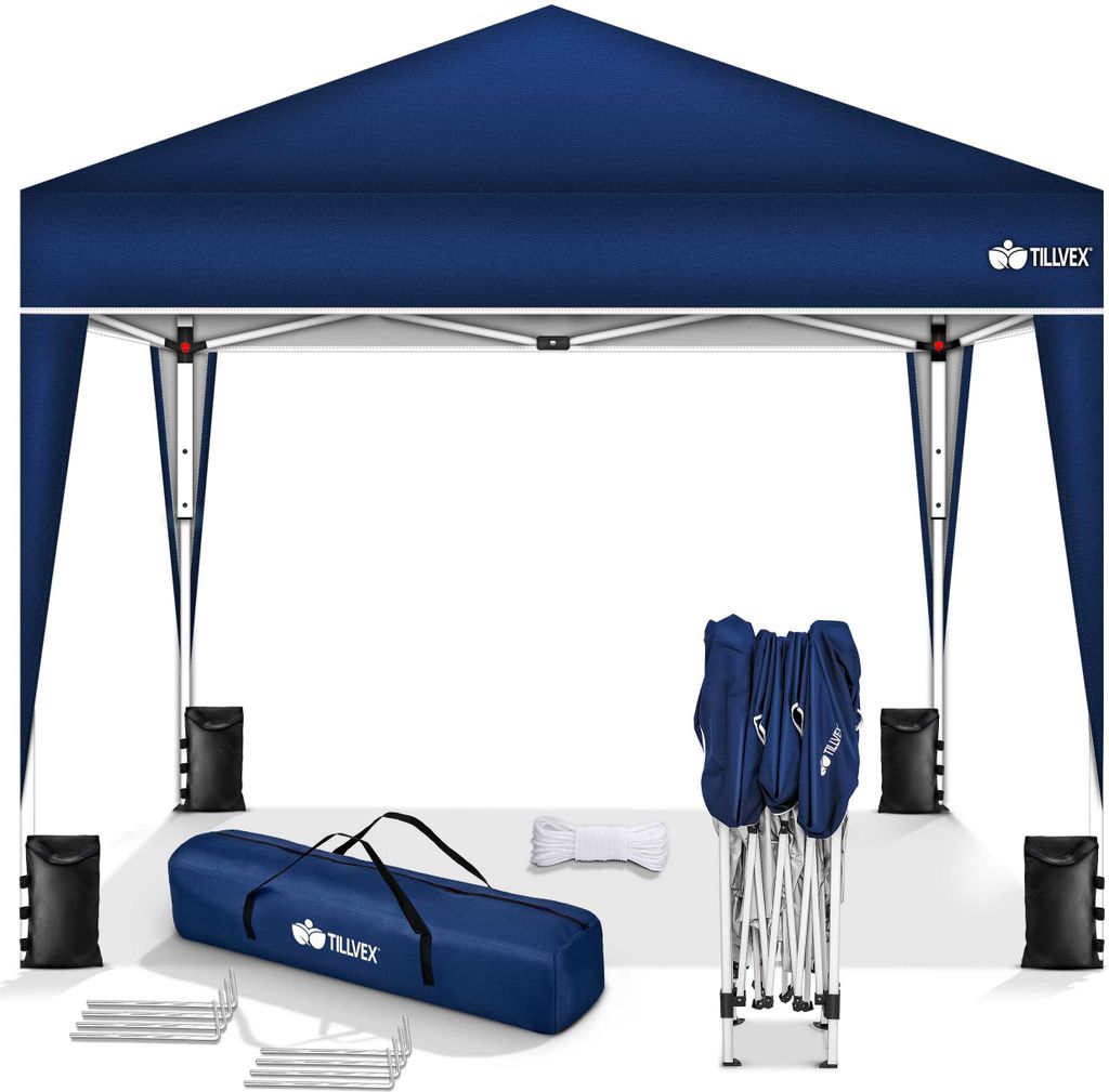 A blue pop-up canopy tent and its accessories are displayed against a white background.