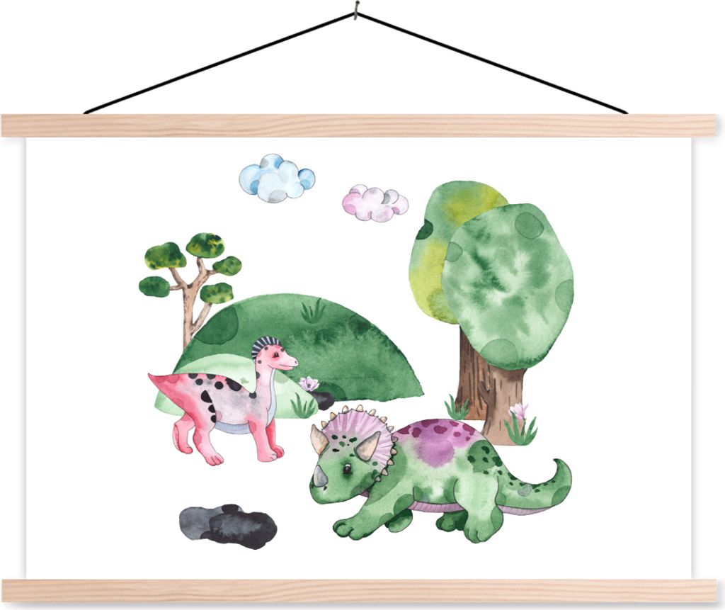 MuchoWow Textilposter Kinderzimmer - Zeichnung - Dinosaurier - Jungen - Mädchen - Kinder 60x40 cm mit holzfarbenen Rahmen - Bilder