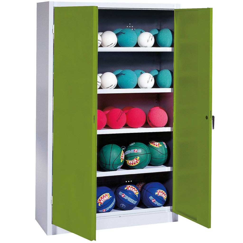 C+P Ballschrank mit Vollblech-Flügeltüren (Typ 3), HxBxT 195x150x50 cm, Ergo-Lock Muldengriff, Clowngrün (RAL 110 80 60), Lichtgrau (RAL 7035), ...
