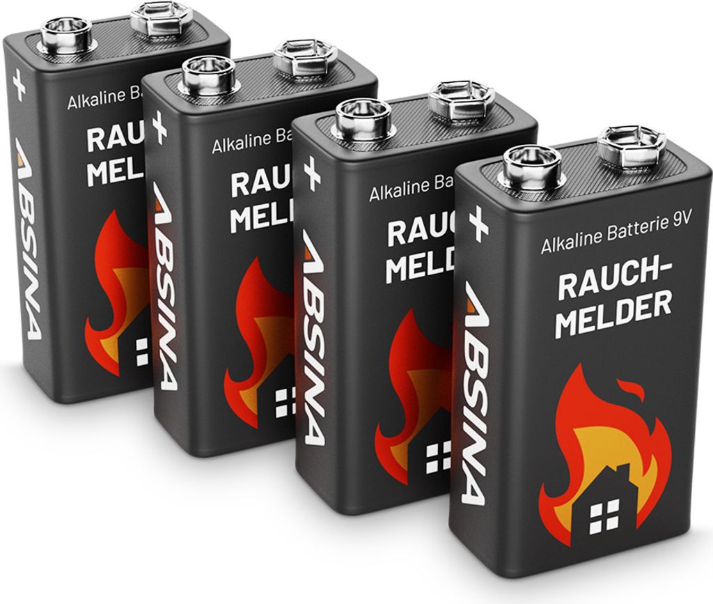 Four 9V batteries are arranged in a diagonal line on a white background.