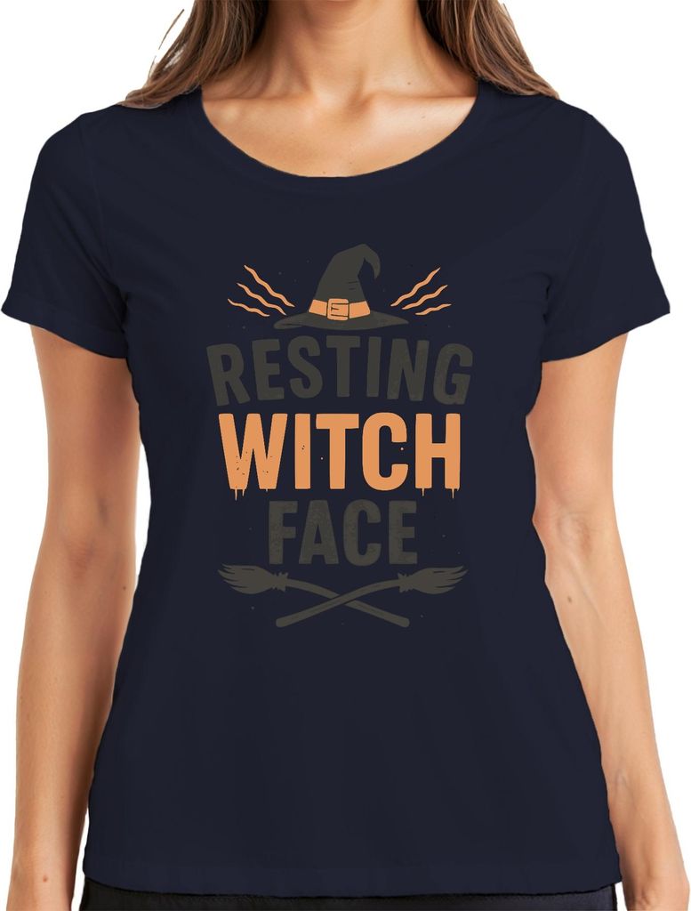 Halloween RESTING WITCH FACE Hexe Hexenhut Geschenk Lustig Spruch Damen T-Shirt, Navy, XXL