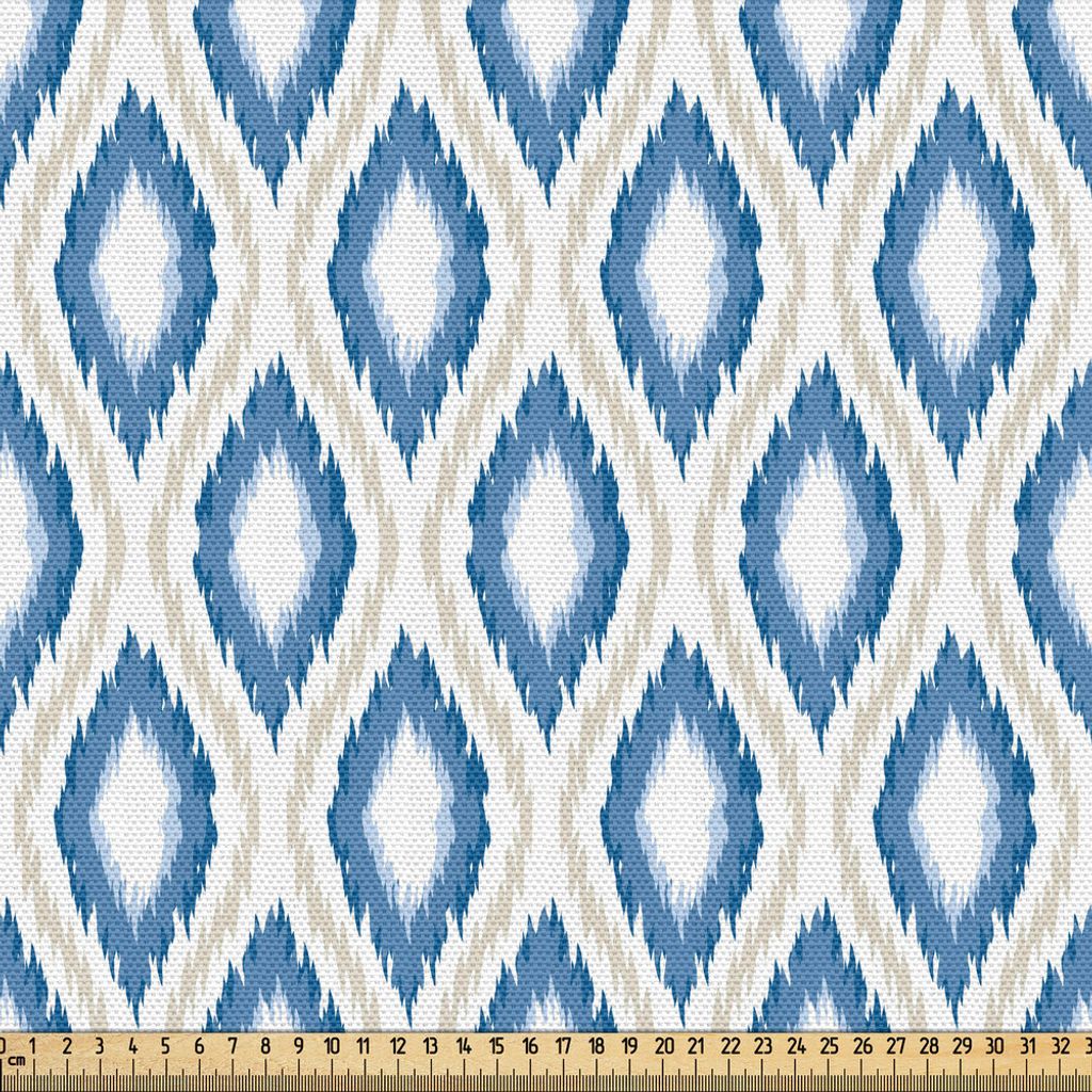 ABAKUHAUS Ikat Gewebe als Meterware, Oval-und Doppel-S Ogee Vertikales Muster Alte alte japanische Kimono-Motive, 5 M (148 x 500 cm), Blau Weiß Eg...