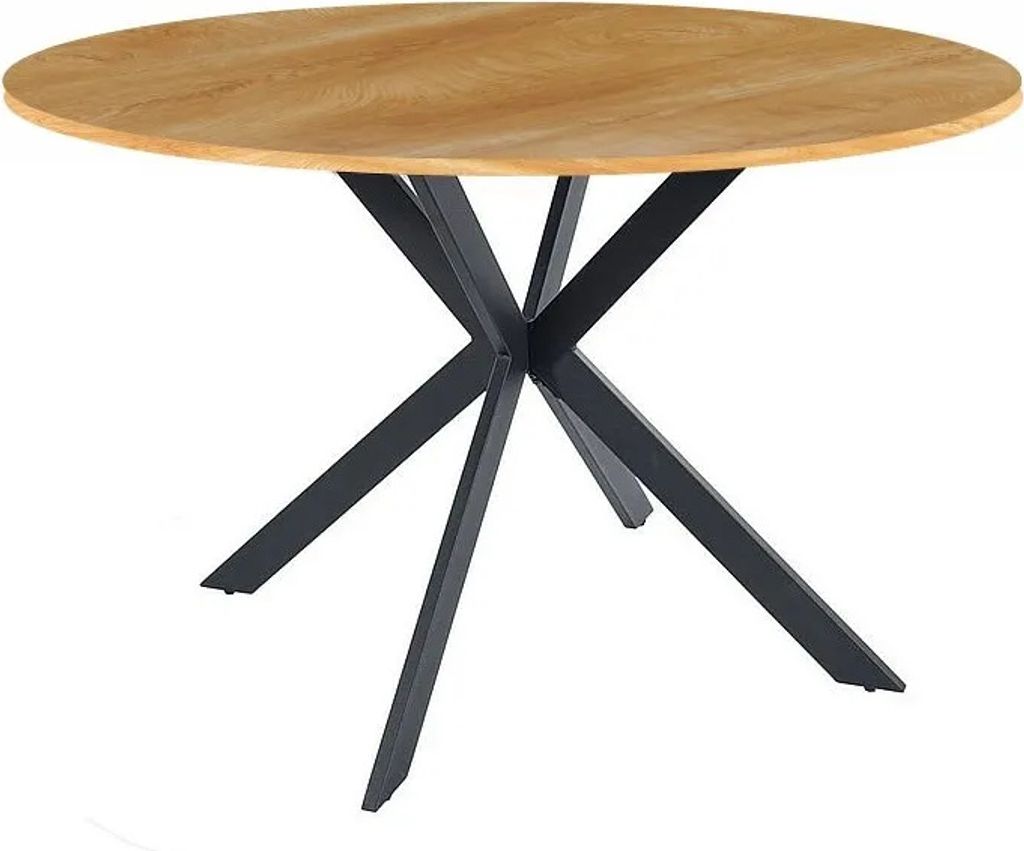 A round dining table with a wooden top and a black metal base.