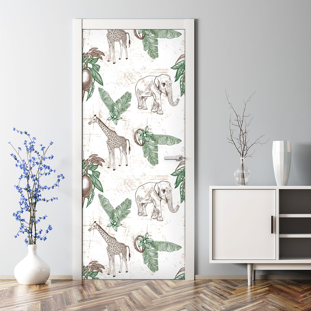 Dekorative Türtapete Türposter selbstklebend Klebefolie Giraffe & Elefanten 77 x 200 cm