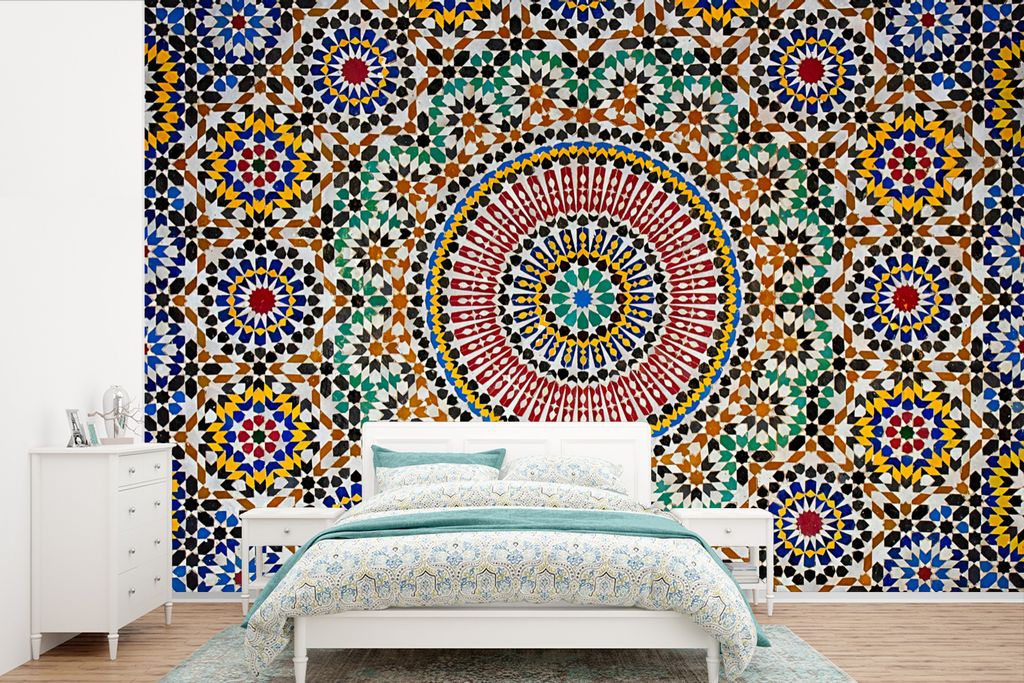 MuchoWow Fototapete für Wohnzimmer oder Schlafzimmer Wandtapete Vinyl Motivtapete Ansicht eines marokkanischen Mosaiks von oben - 450x300 cm - G...