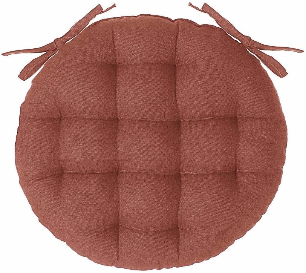 A round seat cushion with ties, shown from a top-down perspective against a white background.