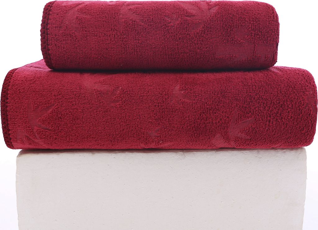 FEBE Handtücher Badetuch 70x140 + 50x100 cm Rubin Rosa Handtücher Set Badehandtuch Frottee mit Bambus Muster Mikrofaser Towel