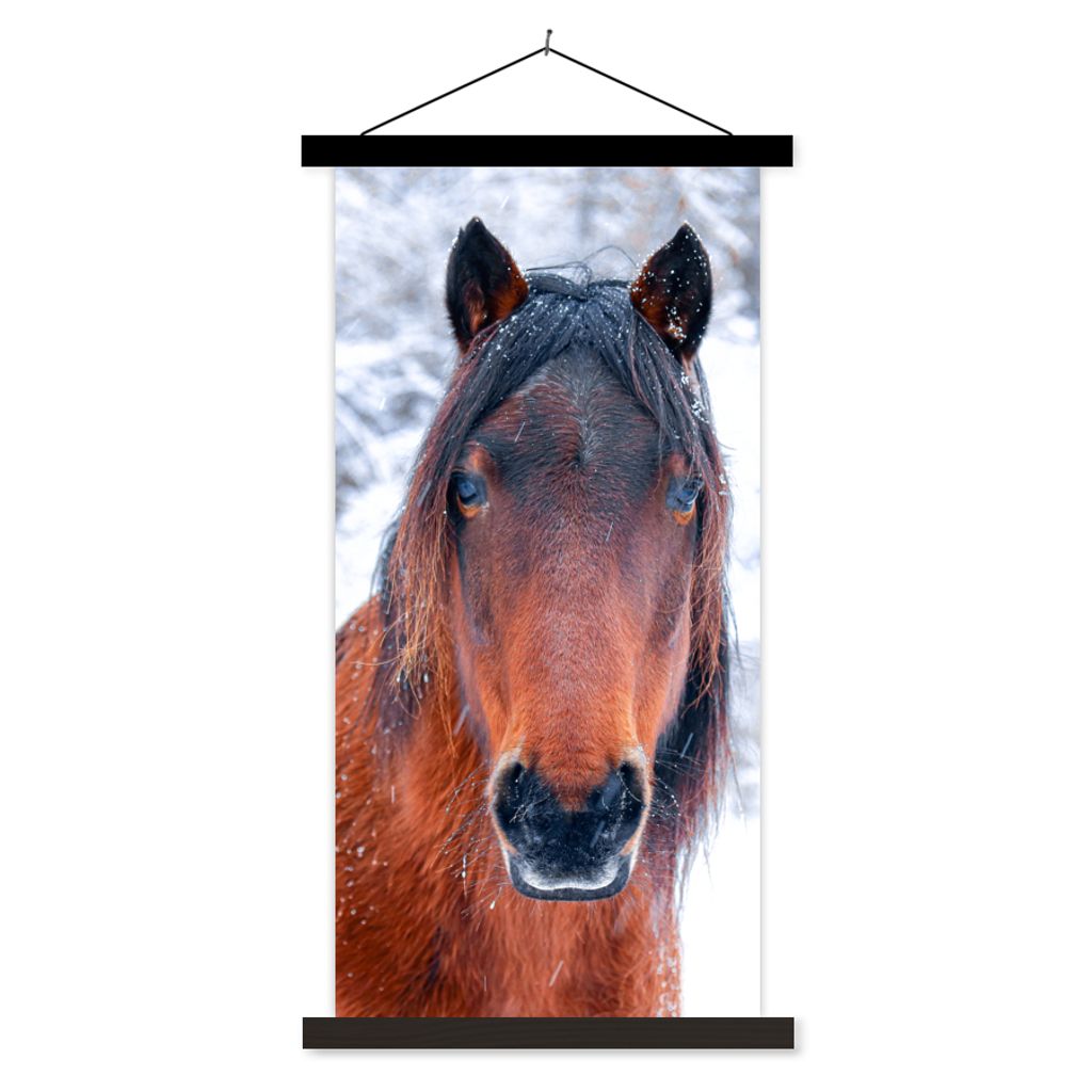 MuchoWow Textilposter Pferd - Winter - Schneeflocke 90x180 cm mit schwarzem Rahmen - Dekoration Wohnzimmer