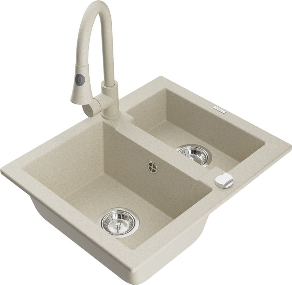 Mexen Carlos 1,5-Becken-Granitspüle mit Mischbatterie Elia, Beige - 6518-69-670101-69