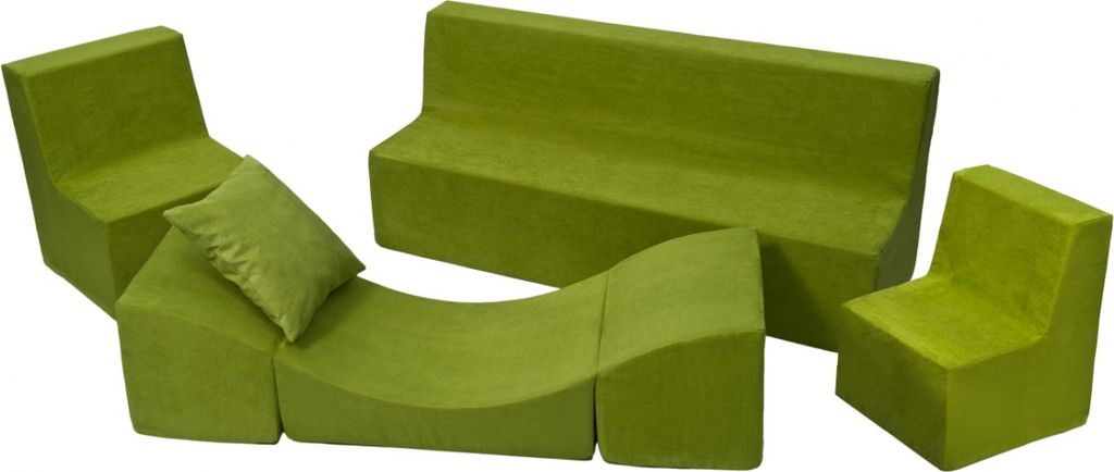 Kinderzimmer-Möbelset: 2 x Sessel + Sofa + grüner Puff