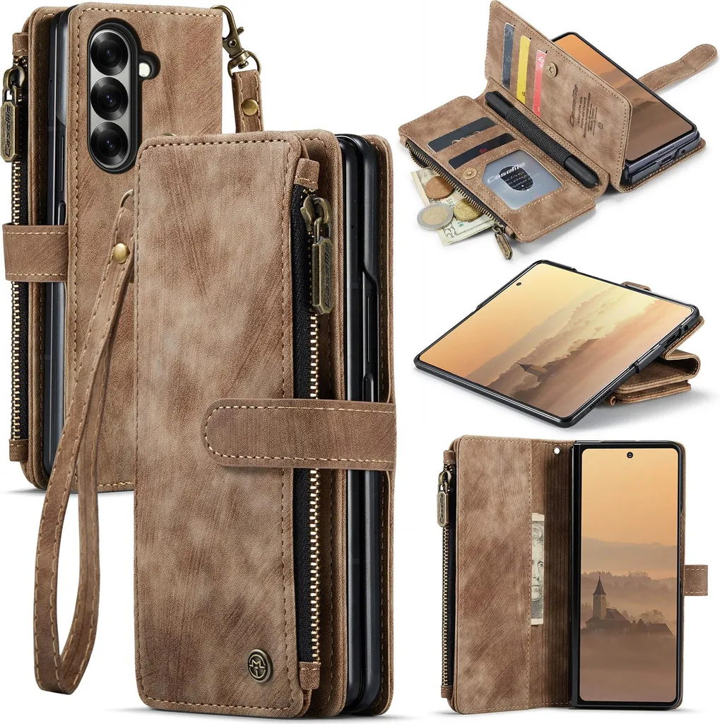 Custodia in pelle per Samsung Galaxy Z Fold 7, custodia in Finto cuoio con cerniera, chiusura magnetica, tasca per carte, supporto, custodia a portafoglio marrone
