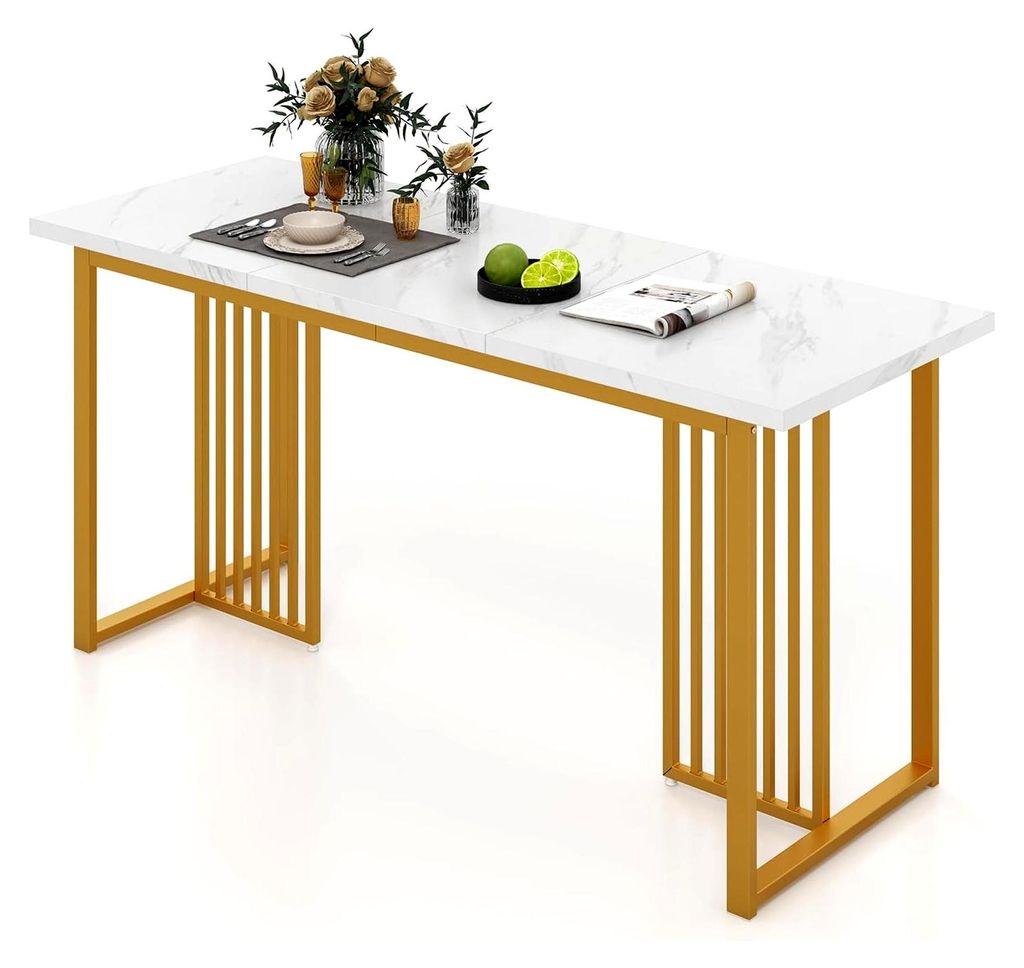 Esszimmertisch Holz, 160 x 60 cm, rechteckiger Küchentisch mit Marmoroptik und Metallbeinen, Esstisch für 6-8 Personen, großer Tisch für Esszim...