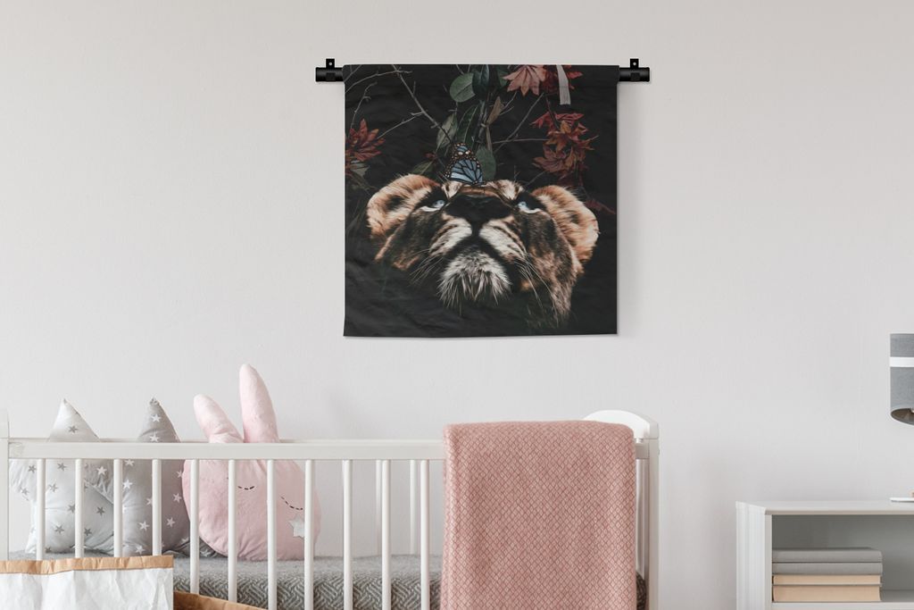 MuchoWow Wandteppich Wandbehang Tiger - Blumen - Schmetterling 60x60 cm Tapisserie Dekoration Wandtuch - Dekorationen - Wand Decke