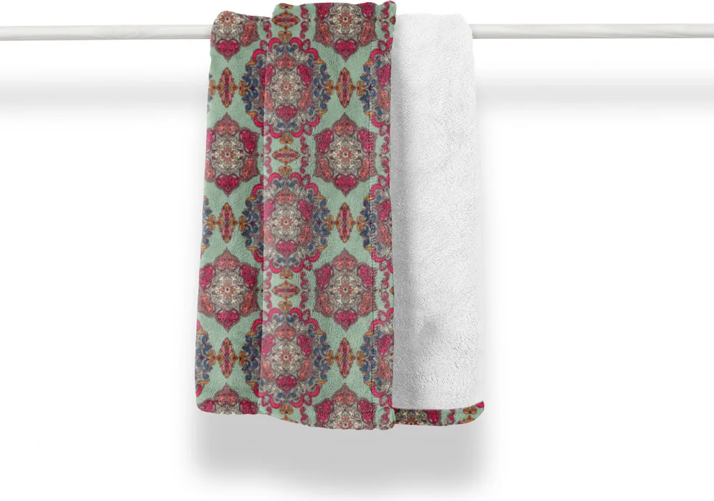 ABAKUHAUS Boho Morbida coperta in flanella e pile, motivo mandala damascato, morbida e confortevole per interni ed esterni, 125 x 175 cm, verde menta multicolore