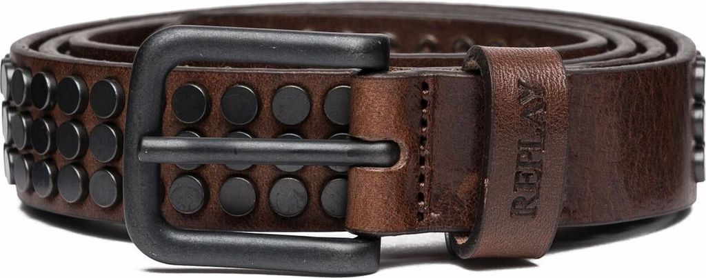 REPLAY Leder Gürtel Leather Belt W85 Faded Black Brown braun silberfarben