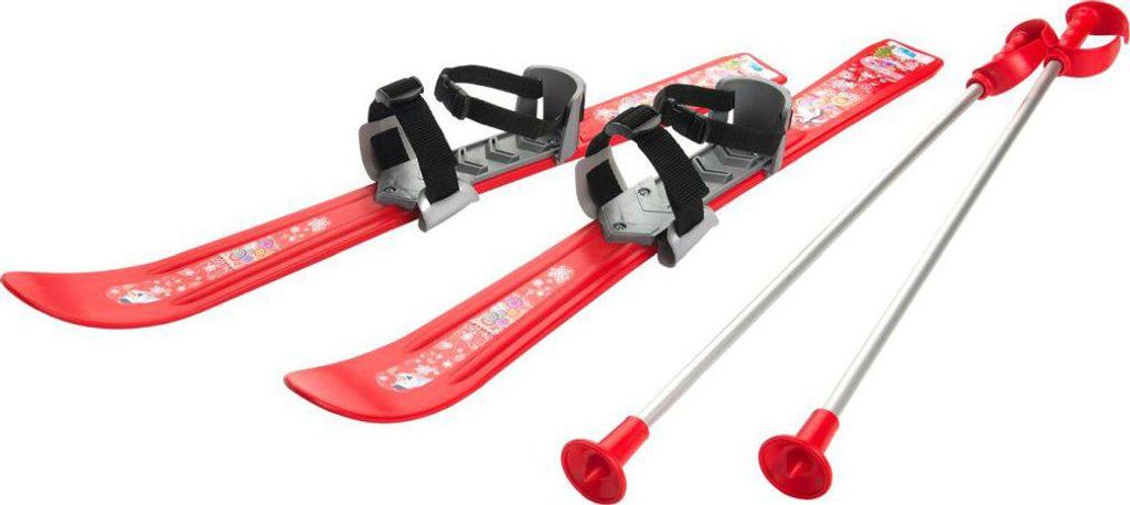 A pair of children's skis and poles are displayed against a white background.