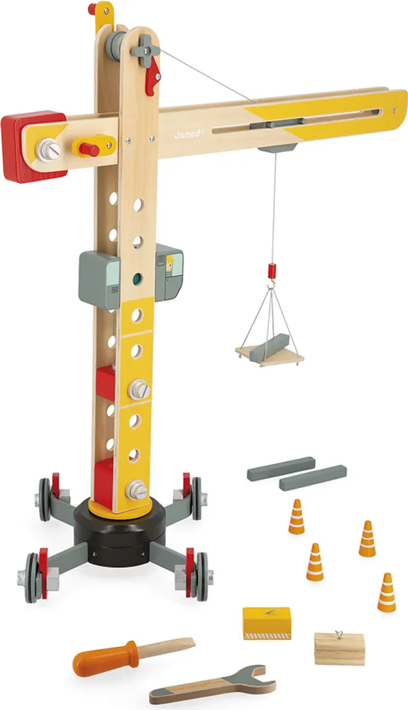Grande Grue Janod en Bois de Hêtre avec Accessoires et Treuil Manuel