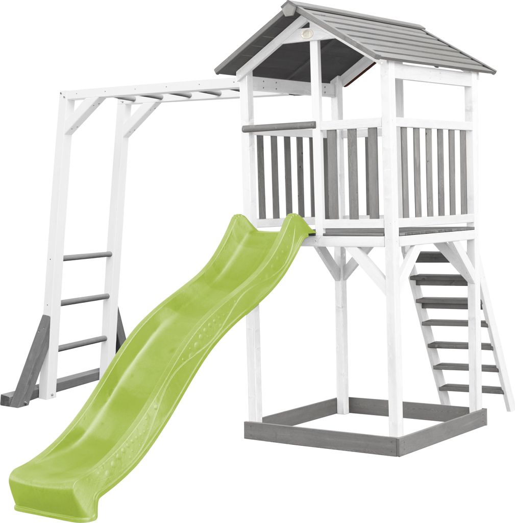 AXI Beach Tower Spielturm aus Holz in Weiß & Grau | Spielhaus für Kinder mit hellgrüner Rutsche, Klettergerüst und Sandkasten | Stelzenhaus fü...