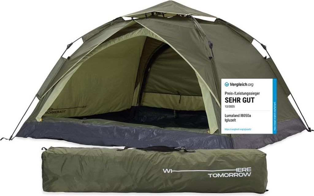 Where Tomorrow Pop Up Zelt - 3-Personen-Zelt mit Doppeltür- Wurfzelt Trekkingzelt - 210x190x110 cm - Grün