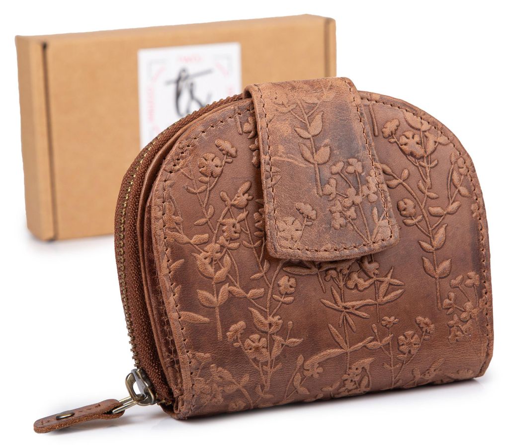 Ekavale Damen Geldbörse Portemonnaie Echt Leder Vintage Blumen Dunkelbraun