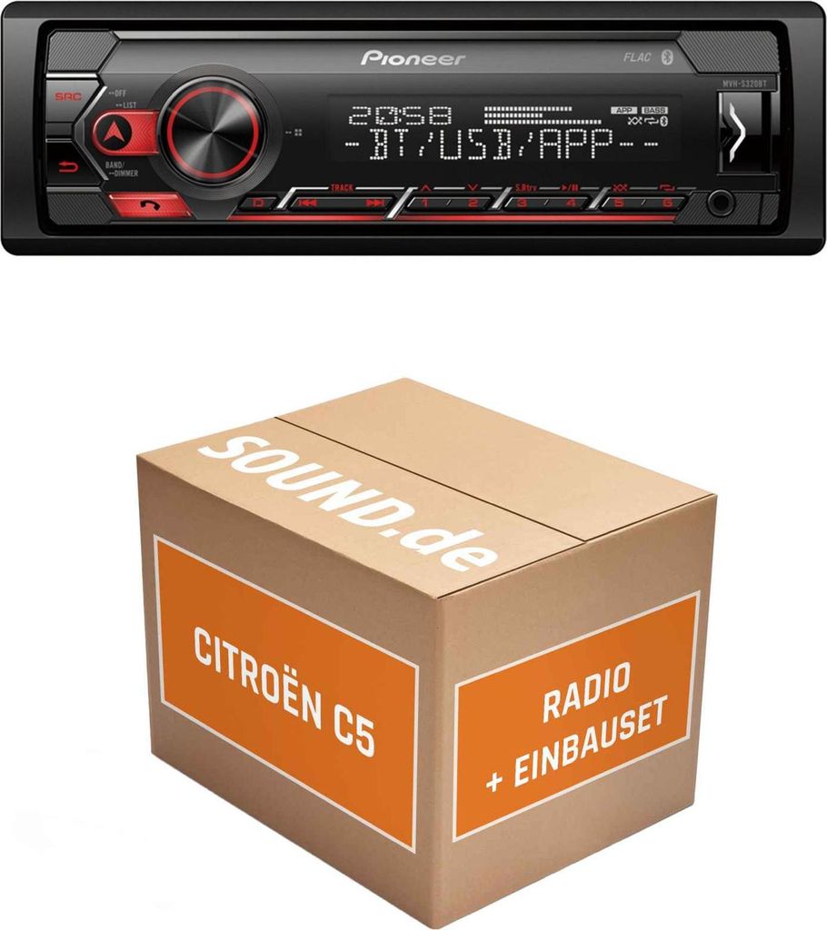 Autoradio Einbaupaket Pioneer MVH-S320BT passend für Citroën C5 DC/DE + RD45 Lenkradfernbedienung Silber | Bluetooth USB