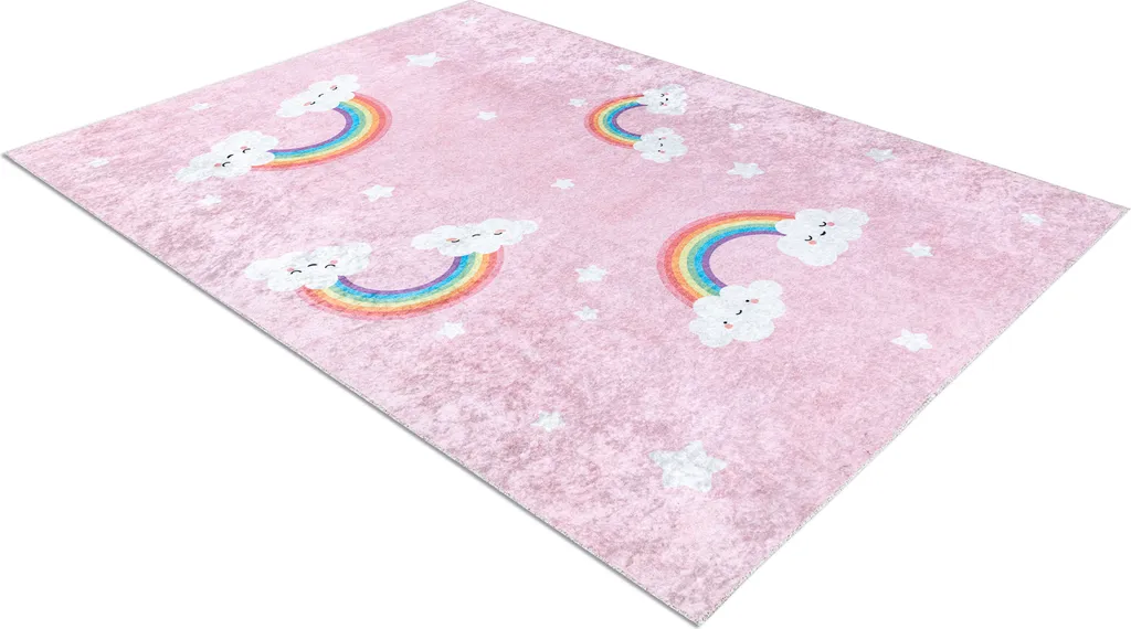 Tapis antidérapant et lavable enfant rose nuages 140x190 cm JUNIOR