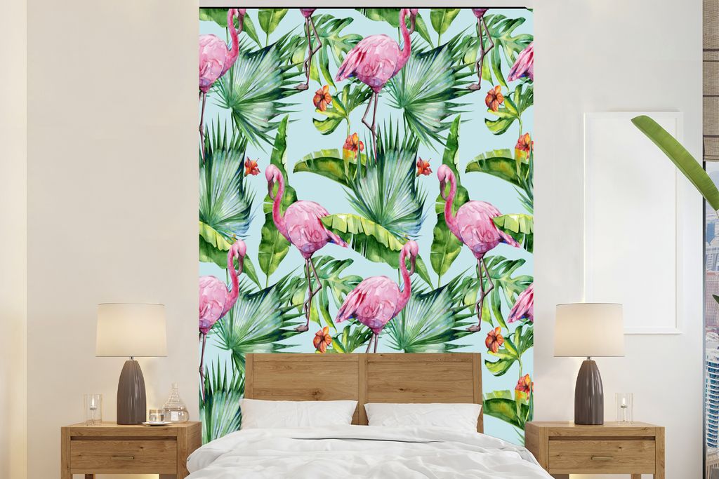 MuchoWow Fototapete für Wohnzimmer oder Schlafzimmer Wandtapete Vinyl Motivtapete Blatt - Flamingo - Tropisch - 180x280 cm - Wallpaper