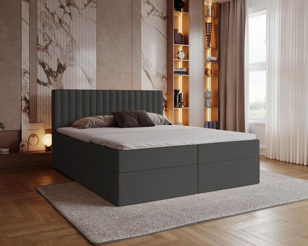 Boxspringbett 140x200 cm Daliro mit Bettkasten - Bonell-Matratze, Topper - Doppelbett, Samtstoff Dunkelgrau