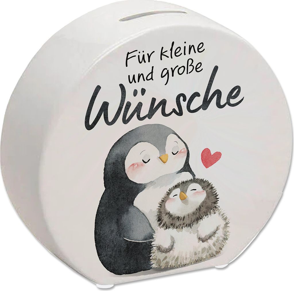Pinguin Mutter und Kind Spardose mit Spruch Für kleine und große Wünsche