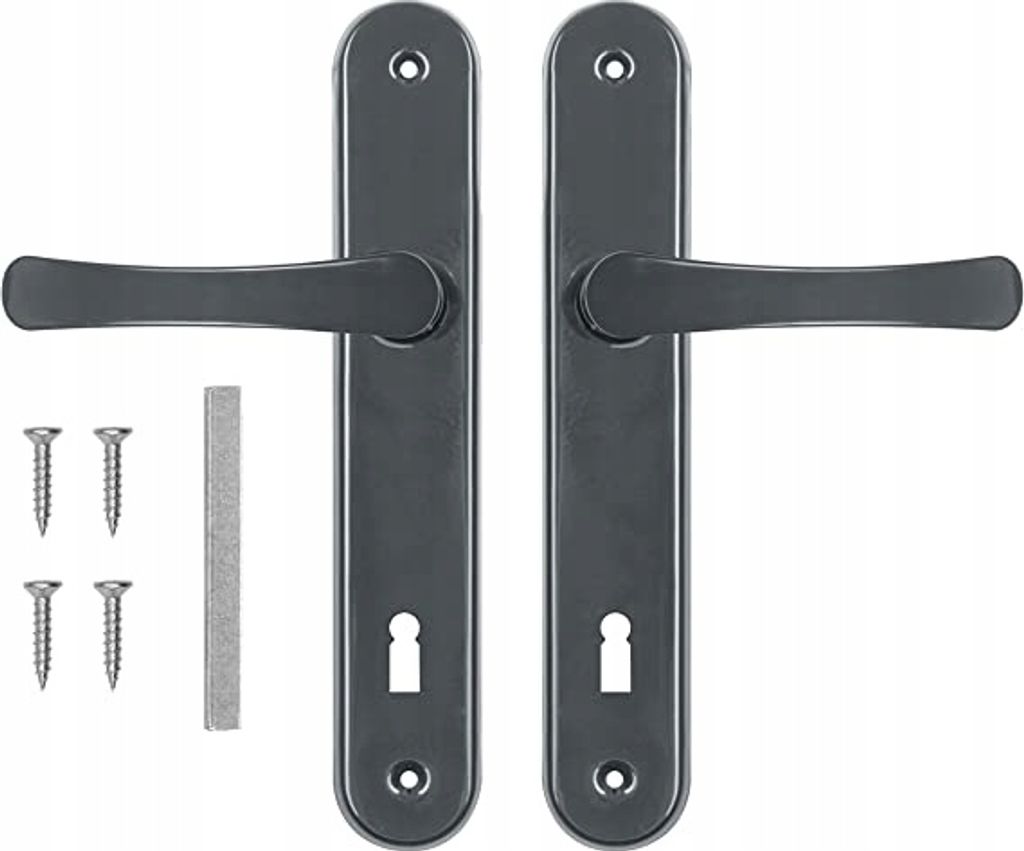 A pair of gray door handles with keyhole plates and screws on a white background.