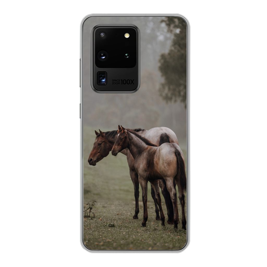 MuchoWow Handyhülle Schutzhülle Hülle für Samsung Galaxy S20 Ultra Pferde - Natur - Nebel Silikon Softcase Handy Hülle - Karteninhaber