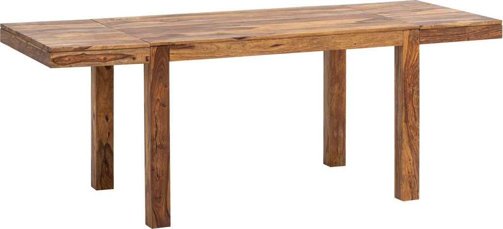 Esszimmertisch 120-200cm Sheesham ausziehbar in Gesamtansicht mit massiver Holzplatte und vier Holzbeinen.