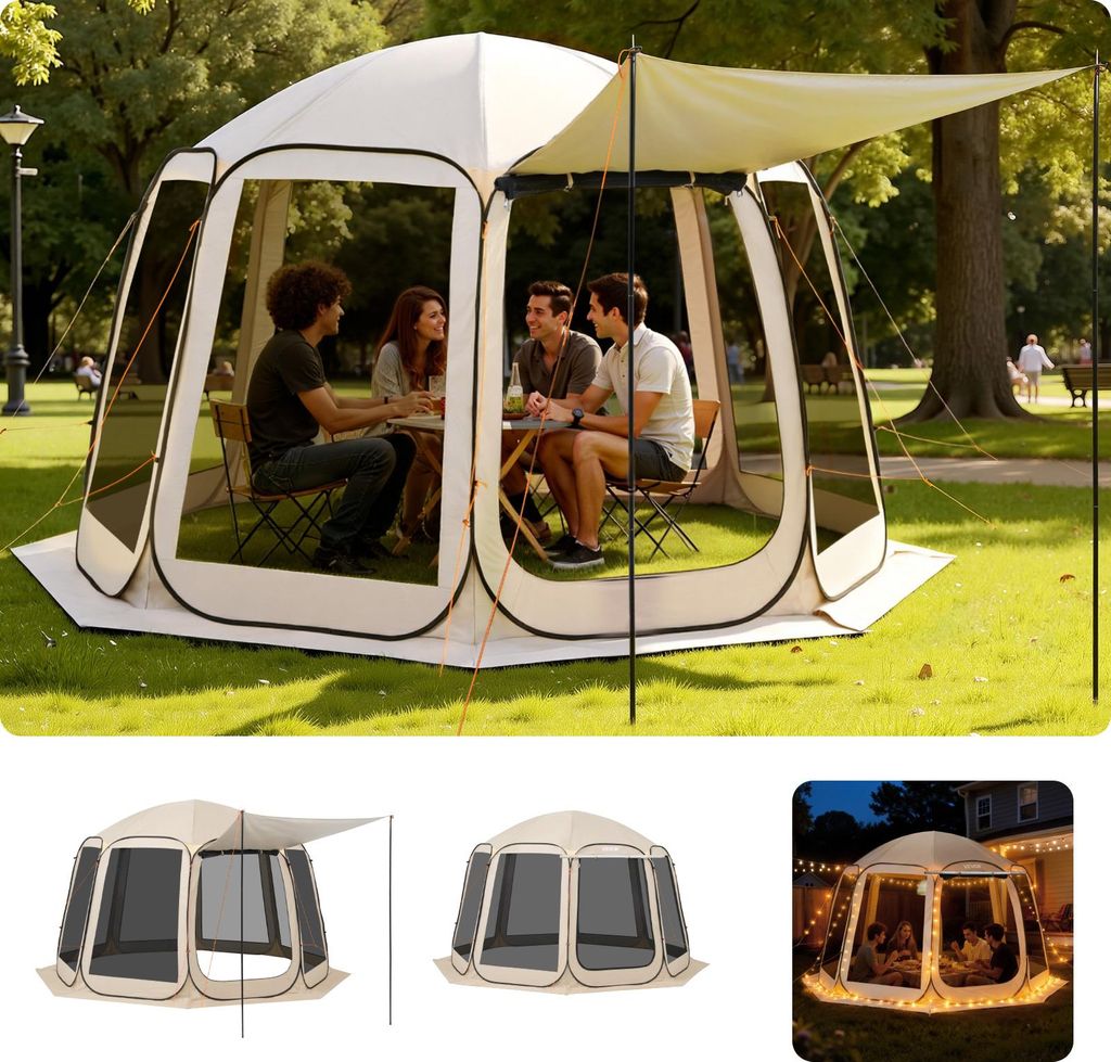 VEVOR Campingzelt, 365,76x335,28x230 cm, Pop-up-Zelt mit ausziehbarer Markise, Partyzelt für 10–12 Personen, inkl. Tragetasche & Netz-Seitenwän...