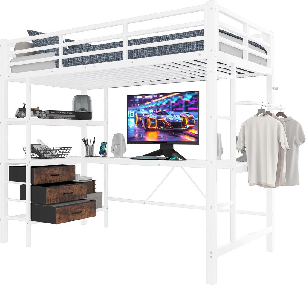 Hochbett mit Schreibtisch, Stauraum und LED-Beleuchtung, 90x200 cm, Metallbett mit Rausfallschutz, Jugendbett