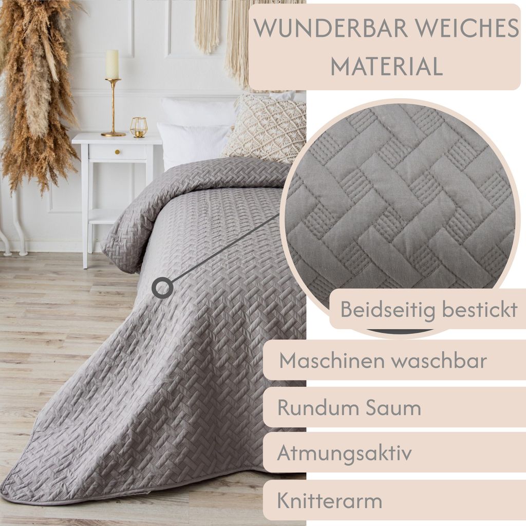 CalmyHOME Tagesdecke Bett Bettüberwurf Überwurf Grau