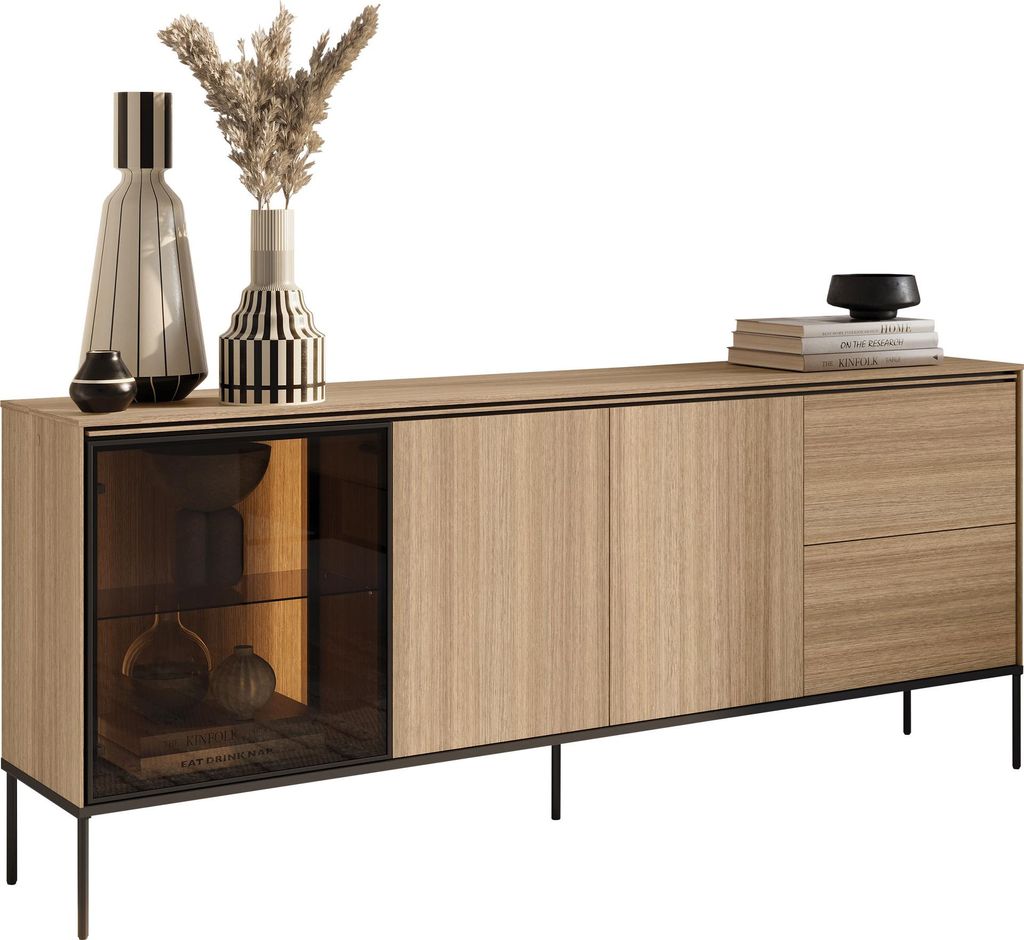 MIRJAN24 Türkommode Visso 2D1W2S VI-06, Stilvoll Wohnzimmer, Kommode mit drei Drehtüren und zwei Schubladen (Farbe: Lineare Eiche)