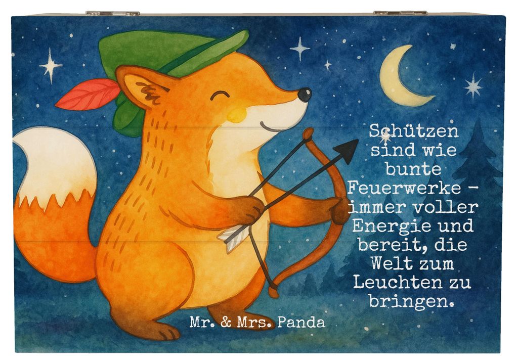 Mr. & Mrs. Panda Holzbox Schütze Astrologie Design 22 x 15 cm - Weiß - Geschenk, Holztruhe, Sternzeichen, Tierkreiszeichen, Geschenkidee, fotobox...