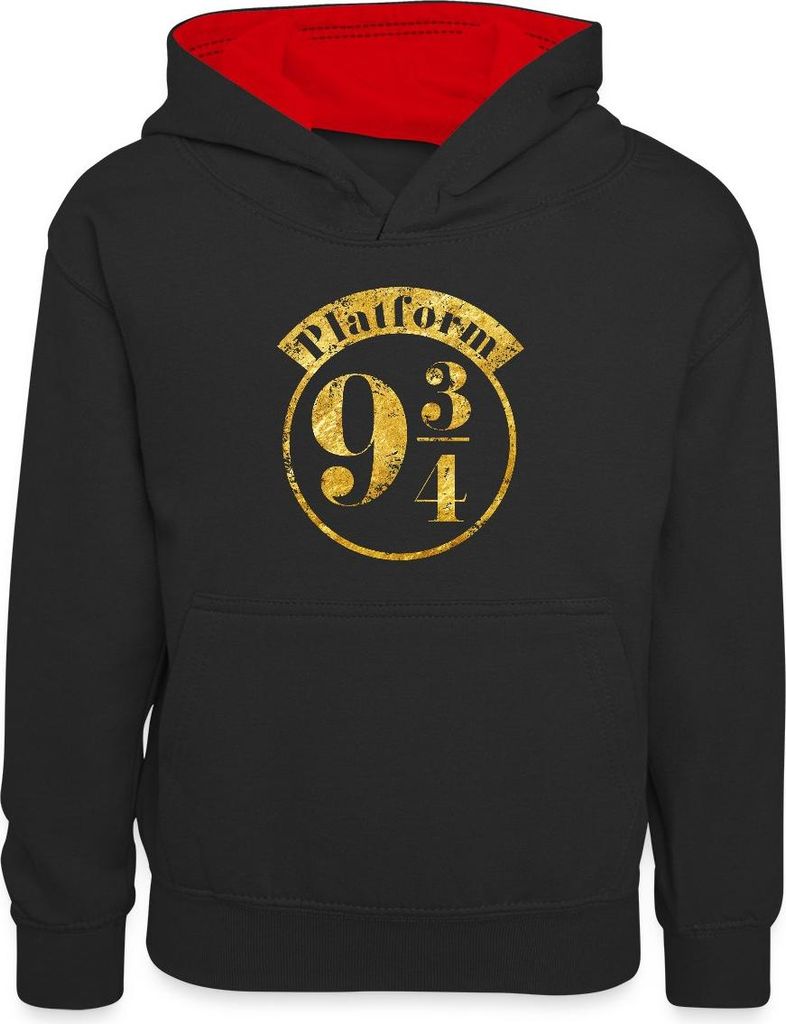Spreadshirt Harry Potter Platform 9 3/4 Gold Kinder Kontrast-Hoodie, XS (3/4 years), Schwarz/Rot